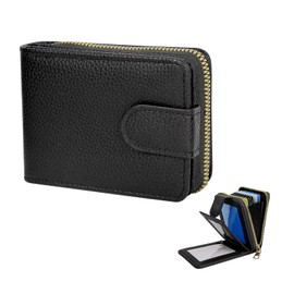 AfitLulu Mens Wallets Faux Leather Driver's License Card Holder Wallet with 4 Transparent Window, Accordion Style Credit Card Holders Card Slot with Zipper and Snap-Fastener (Black)