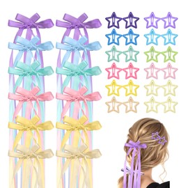 Roucerlin 36 Pieces Double Bow & Star Hair Clips, Star Clips, Ribbon Bows for Hair, Long Tassel Bowknot and Metal Snap Barrettes for Girls Women Teens Braids Accessories (6 Color)