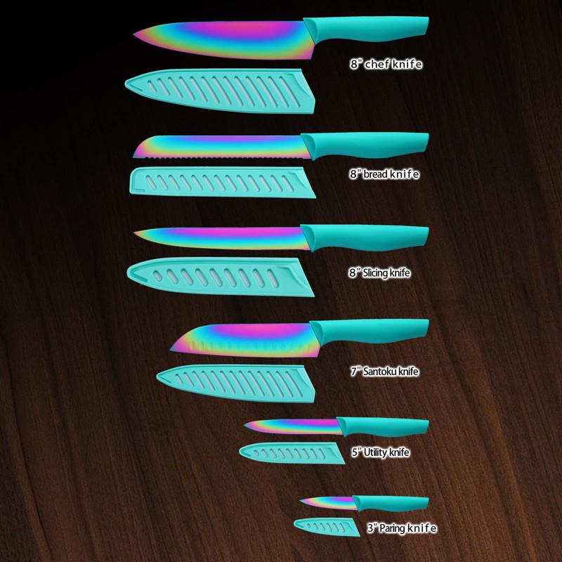 Marco Almond Kitchen Knife Set, KYA37 12-Piece Rainbow Titanium Stainless