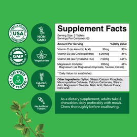 Sugar Free Magnesium Glycinate Chewable - Chewable Magnesium for Adults & Kids with Glycinate Taurate & Citrate Complex Plus Vitamins D3 B6 & C - Vegetarian Non-GMO & No Artificial Flavors (120 Days)