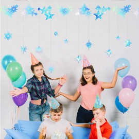 Cheerland Holographic Blue Star Iridescent Star Garland Décor for Space Starry Night Backdrop Sun Moon Hanging Birthday Decorations New Year Banner Ramadan Eid Mubarak Streamer Party Supplies