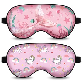 2 Pcs Sleep Mask for Kids,Cute Blackout Kid Eye Mask, Girls Eye mask for Kids Teen,Unicorn Sleep Mask with Adjustable Strap for Home Party Children's Travel Soft Eye Cover Blindfold (Unicorn + Ocean)
