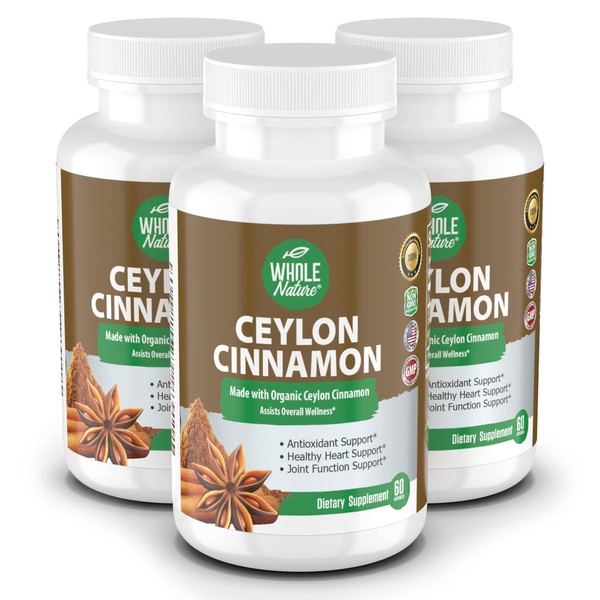 Whole Nature Organic Ceylon Cinnamon Capsules 1200mg. Cinnamon Pills Support Metabolism, Heart, Brain, Bone, Joint. Cinnamon Powder, Non-GMO, Gluten Free, Vegan Cinnamon Supplement, 180ct (3)