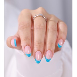 Blue French Tip Press on Nails - GJZEZ Soft Gel Summer Short Almond Baby Neon Blue Nails Press Ons, Stunning Salon Quality False Glue on Nail | 16 Sizes - 32 pcs Reusable Nail with Glue, Sky Blue