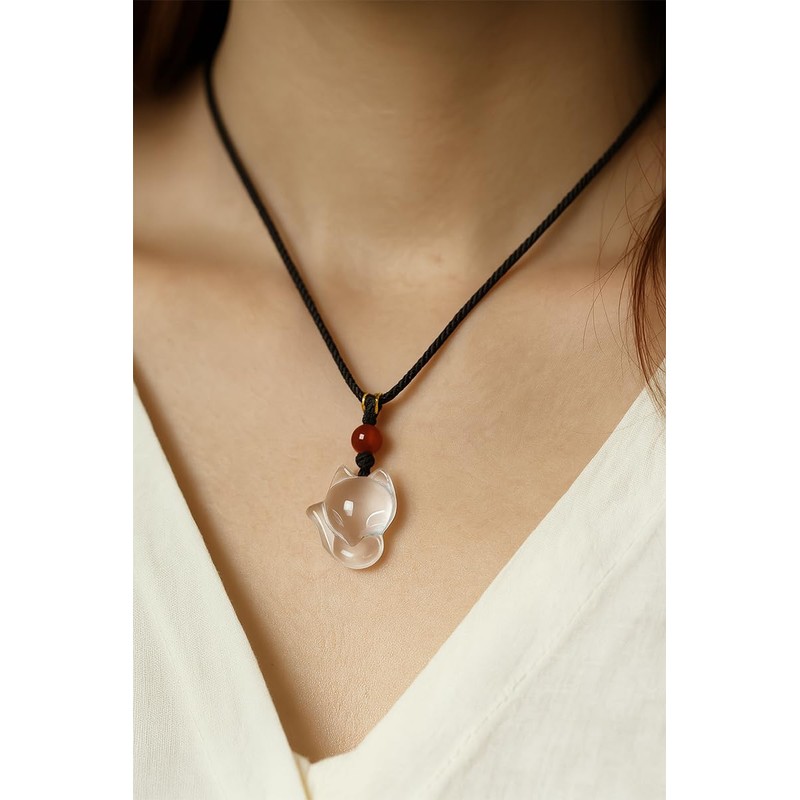 AURABLOOM Lucky Charm, White Crystal, Fox Necklace, Women's, Power Stone,