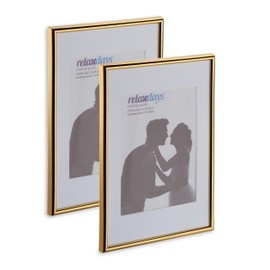 Relaxdays Photo Frame Set of 2, A4 Size, Passepartout 15 x 20 cm, Standing or Hanging, Gold