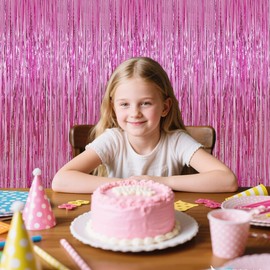 Pink Tinsel Fringe Curtain Backdrop,2 Pack Pink Door Streamers Backdrop Birthday Party Decorations for Girls Sweet Party Decorations,Happy Anniversary Decoration,Graduation, Princess Decorations