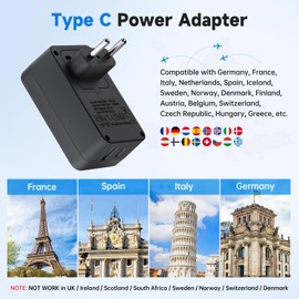 FUNPRO European Travel Plug Adapter, International Power Plug with Type C, Universal Outlet, American Outlet and USB Ports for US to Most of Europe EU Iceland Spain Italy France Germany