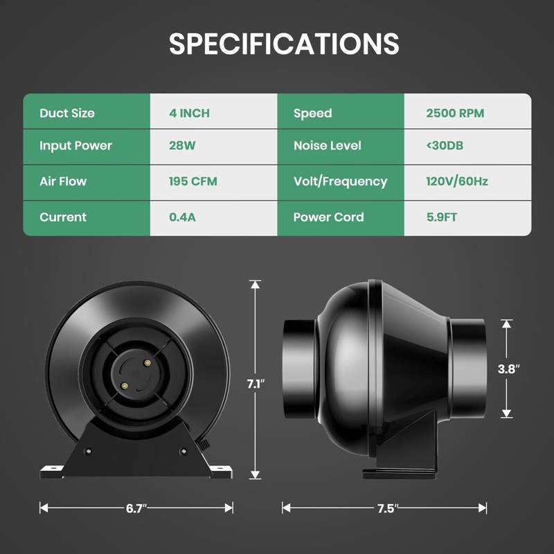 4 Inch 195 CFM Inline Duct Ventilation Fan, Exhaust HVAC