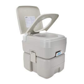 Camco 5.3-Gallon Portable Toilet - Features Detachable Holding Tank w/Sealing Slide Valve & Bellow-Type Flush - Easy Transport w/Compact Lightweight Design & Carry Handle - Gray (41541)