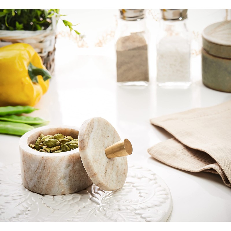 Queenza Brown Marble Salt Cellar with Lid and Premium Brass