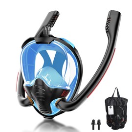 Snorkel Mask for Adults, Diving Mask - CO2 Safe Full Face Mask for Adults, Double Tube Dry Snorkel Mask with Sports Camera Mount (Black/Blue, L/M)