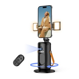 Linber P08 Auto Face Tracking Phone Holder, No APP, 360°Rotation Phone Tracking Gimbal with Detachable Remote & 2 Fill Light, Phone Stand Gesture Control for Vlogging, Live Streaming, Video Recording