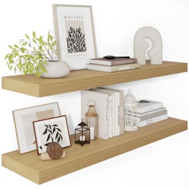 12 Inch Deep Floating Shelves 36 inch Long, 36 x 12 Wide Wall Shelves with Invisible Brackets, Heavy Duty Shelf for Bedroom Bathroom Living Room Kitchen Office Home Decor, Modern Shelf Set of 2, Oak