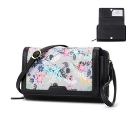 Women Crossbody Wallet Purse, RFID Card Holder Wristlet Clutch 2 Straps, C-black With Grey Flora, Small