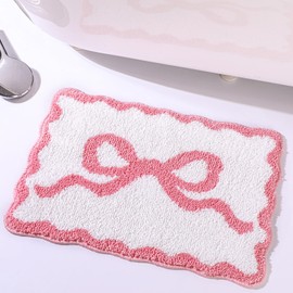 Tinideya Scalloped Bow Bathroom Mat 16" x 24" Non Slip Coquette Bow Rug Cute Aesthetic Scallop Carpet Preppy Room Decor Microfiber Absorbent Bath Rug for Bathroom Bathtub Shower Bedroom(Pink)