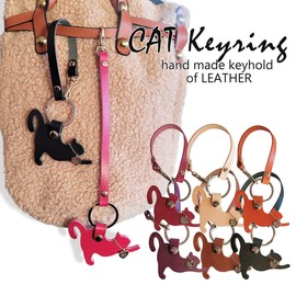 byDream Cat Keychain with Lanyard Cat Key Ring Genuine Leather Bag Charm Hand Strap Cat Lover Cat Owner Gift Cat Key Ring, orange