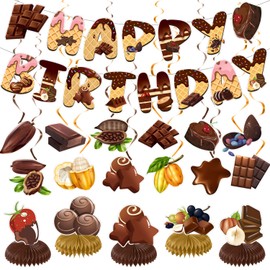 Hemtemfey Chocolate Birthday Party Decor Supplies - Includes Happy Birthday Banner, Chocolate Hanging Swirls & Honeycomb Centerpiece - Brown, 1 inch x 1 inch