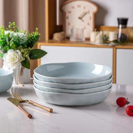 LERATIO 9.75 Ceramic Flat Pasta Bowls,Wavy Rim 38oz Large Wide Bowls Set of 4 for Kitchen,Modern Porcelain Stoneware pasta bowls,Dishwasher & Microwave & Oven Safe Bowls with for Pasta