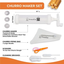 KneadEat Churro Maker Kit with Booster-powered Handle. Churrera, Piping Bag Churro-Filler and Scissors. Easy QR-Recipe to Prepare and Fill Your Own Churros at Home - Cookie Churro Maker. (3-nozzle).