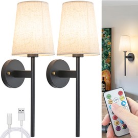 Nekhung Battery Operated Wall Sconces Set of 2, Wireless Wall Sconce with Remote, Battery Operated Wall Lights Fabric Shade, 50 Hours Long Life Rechargeable Blub RGB Dimmable,Perfect Indoor Lighting