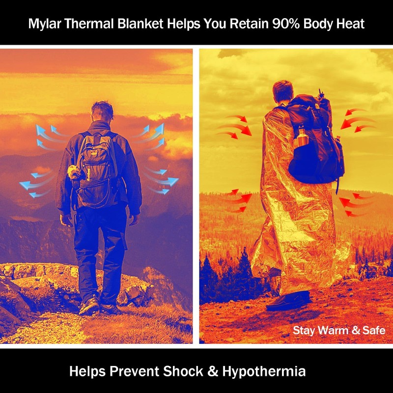 SET007 50PCS Emergency Blankets,82x62inch Thermal Mylar Foil Blanket, Waterproof Space