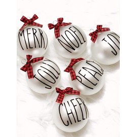 Farmhouse Christmas Tree Ornaments, Set of 6, Buffalo Plaid Holiday Decor, Black White and Red Rustic Decorations