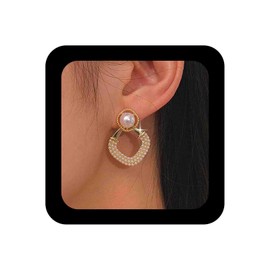 Enautoabs Vintage Pearl Geometric Dangle Earrings Geometric Pearl Drop Earrings Diamond Shape Earrongs Gold Rhombus Earrings Hollow Pearl Earrings Jewelry for Women