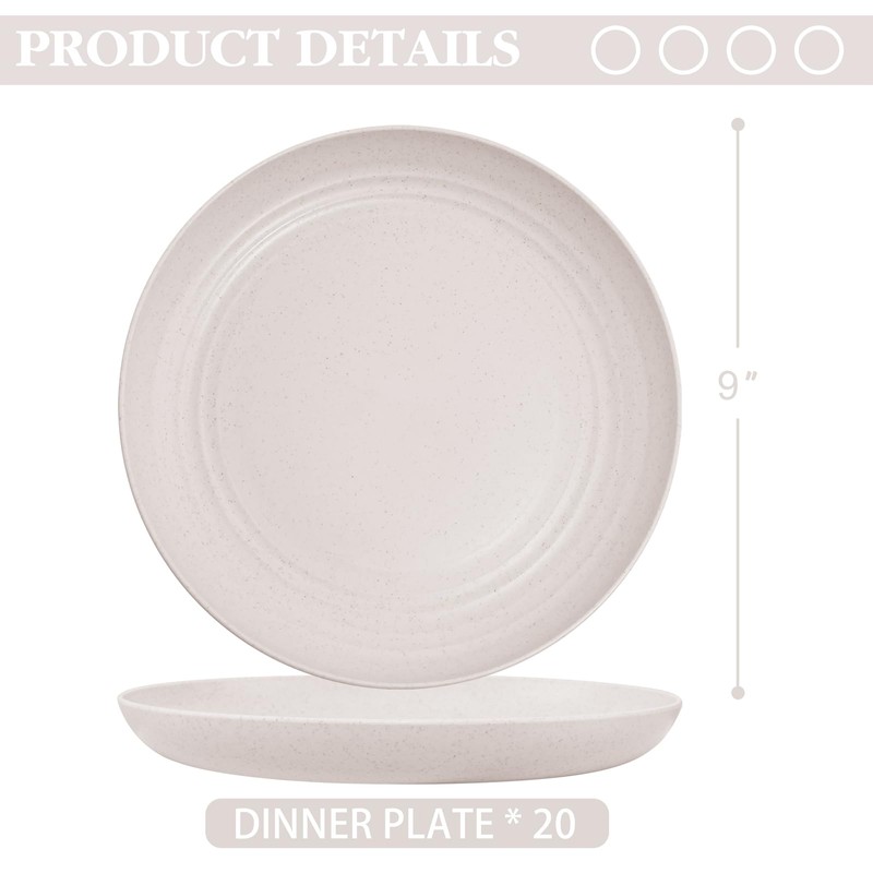 LIYH 20pcs Wheat Straw Plates 9Inch, Beige Reusable Plastic Plates,