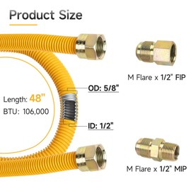 JUWO 48" Dryer Gas Line for Stove, Water Heater, 5/8" OD Stainless Steel Gas Hose Connector Kit with 1/2" FIP & 1/2" MIP Fittings, Short Distance Connection