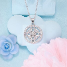 JANIEYS Celtic Knot Necklace S925 Sterling Silver Cubic Zirconia Trinity Love Knot Circle Pendant Nudo de Bruja Witches Knot Irish Jewelry Gifts for Women Mom Wife Her Birthday Christmas Anniversary