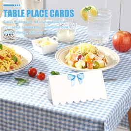 Whaline 80 Pcs Blue Bow Place Cards 8 Design Watercolor Bowknot Tented Name Cards 2 x 3.5 Inch Scalloped Blank Seat Assignment Labels for Party Table Setting Supplies