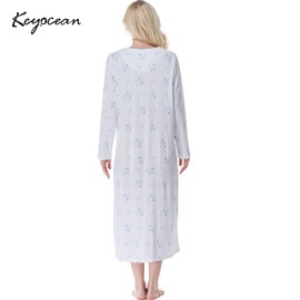 Keyocean Womens Nightgowns, Soft Comfy Lightweight Cotton Long Sleeves Ladies Loungewear, Blue Cornflower, Small