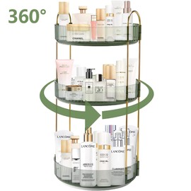 shuang qing Rotating Makeup Organizer for Vanity 3 Tier, High-Capacity Skincare Clear Make Up Storage Perfume Organizers Cosmetic Dresser Organizer Countertop 360 Spinning（Green）