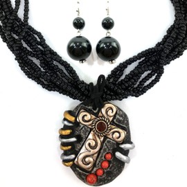 Western Peak Seed Bead Chunky Leather Fringe Tied Round Stone Textured Cross Pendant Necklace with Earrings (Black)