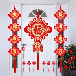 Chinese New Year Decorations 2025 Red Chinese Knot Fu Character and Chinese Knot Couplets-Year of The Snake Lunar New Year Decoration Lucky Hanging Ornament for Spring Festival Party Decor 21Pcs
