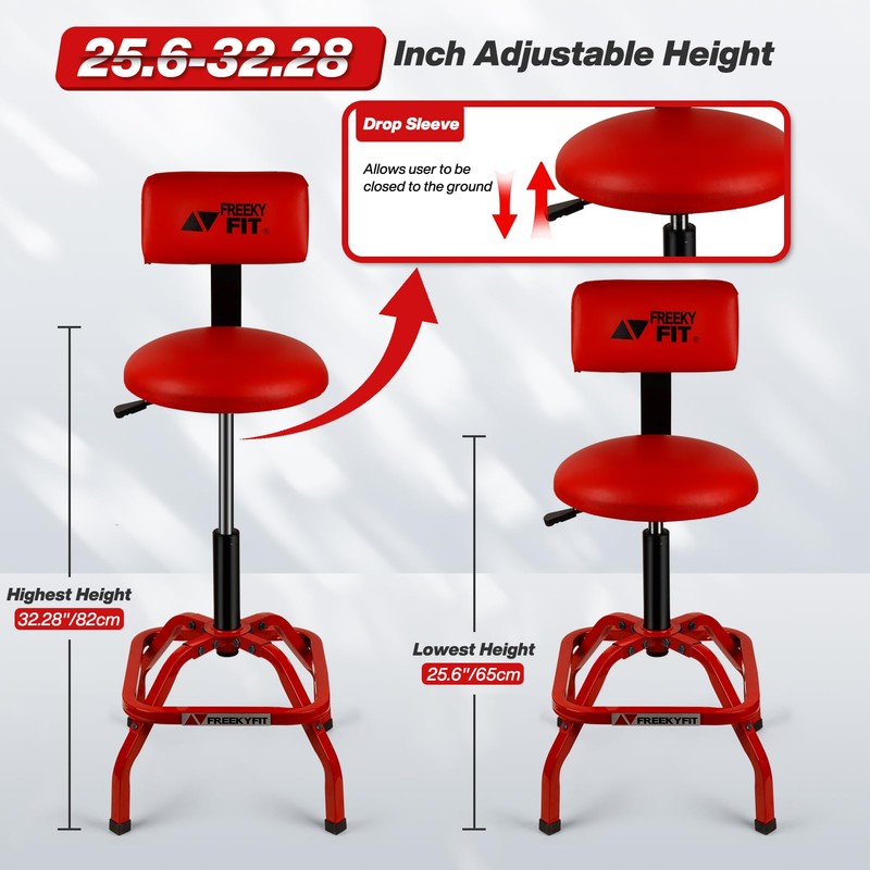 FreekyFit Shop Stool with Backrest, Mechanic Garage Stool for Workshop,