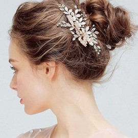 Lismyakey Wedding Clip Rhinestone Hair Clip Comb Barrette Flower Bridal Comb Barrette Handmade Flower Clip Head Pieces for Women (Gold)