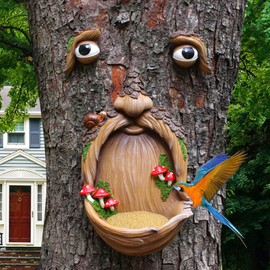 Meyas Whimsical Outdoor Tree Face Birdfeeder - Wild Bird Feeders, Tree Hugger Sculpture, Garden Decoration