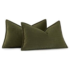 MIULEE Pack of 2 Olive Green Decorative Lumbar Pillow Covers 12x20 Inch Soft Chenille Luxurious Couch Throw Pillows Farmhouse Cushion Covers with Elegant Design for Sofa Bed Living Room Home Decor