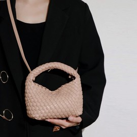 Small Hand Woven Handbags for Women Shoulder Crossbody Bag Girls Purses Cassual Top Handle Bags Hobo Curved Tote Phone Bag, Apricot