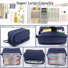 Big Capacity Pencil Case, OLIYuMi 4 Compartment Pencil Pouch Pencil Bag Storage Box Stationery Organizer Makeup Bag with Zipper Closure for Student Office College Boys and Girls (Fancy Navy Blue)
