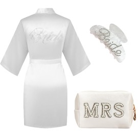 Chovbe Bride to Be Gift Set - White Satin Pyjamas, Bride Shark Hair Clip, MRS Cosmetic Bag, One Size, Perfect for Wedding, Hen Party, Bridal Shower