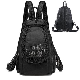 HUAZHIMAO Mini Backpack for Women Light Weight Small Backpack Purses Soft Washed PU Leather Daily Rucksack Fashion Daypack Purses Black