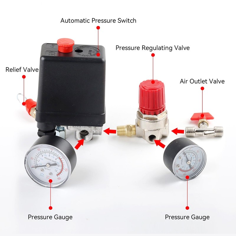 Air Compressor Pressure Valve Switch, 2-G1/4 Connector 0.05-1.2Mpa Air Compressor