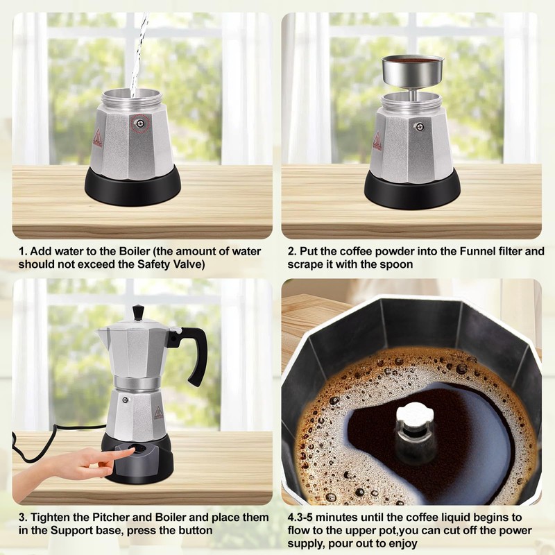 Vaolvpant Electric Aluminum Moka Pot 5-6 Cup 270ml Espresso Maker