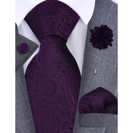 Gusleson Mens Dark Purple Tie for Wedding Solid Silk Paisley Necktie Pocket Square Cufflinks and Lapel Pin Brooch Set (UK6103-23)