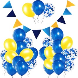 IMOOA 31Pcs for graduation baby shower Birthday Wedding Anniversary12Inch Latex Navy Blue Yellow Blue Confetti Balloons Kit 30 Ft Navy Blue Party Decorations Hanging Paper Triangle Flag Banner
