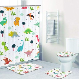 4Pcs Cartoon Dinosaur Shower Curtain Set with Non-Slip Rugs Toilet Lid Cover and Bath Mat, Colorful Cute Dinosaurs Bath Curtain with 12 Hooks, Durable Waterproof Fabric Shower Curtain for Kids