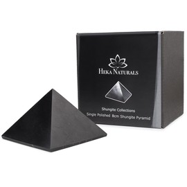 Heka Naturals Polished Shungite Pyramid Black Stone Crystal | 3 Inch - Desk Decor Shungite Stone for Home or Office - Chakra Stones, Healing Crystals, Meditation Pyramid
